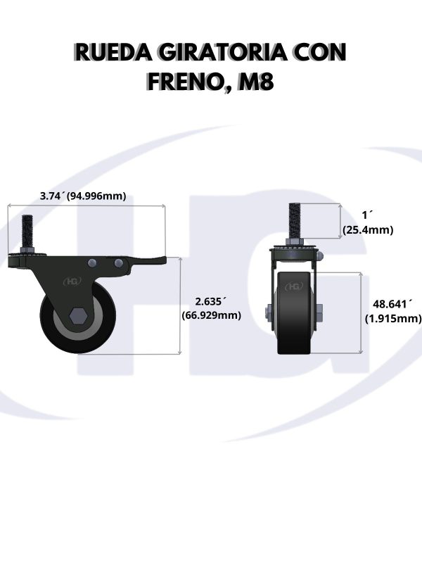 RUEDA GIRATORIA CON FRENO, M8 - HG Aluminio
